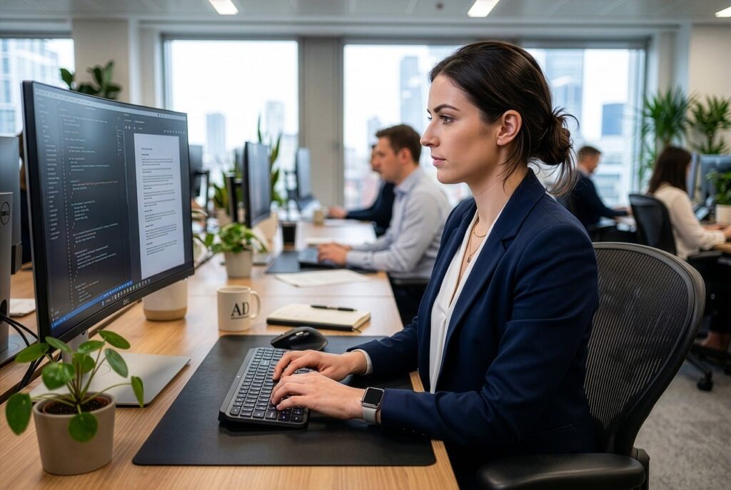 mulher, computador, escritório, profissional, trabalho, teclado, estratégia, colega, planta, xícara, natureza, equipe, caderno, produtividade, mulher de negócios, design, gestão, sala de reuniões, corporativo, ambiente de trabalho