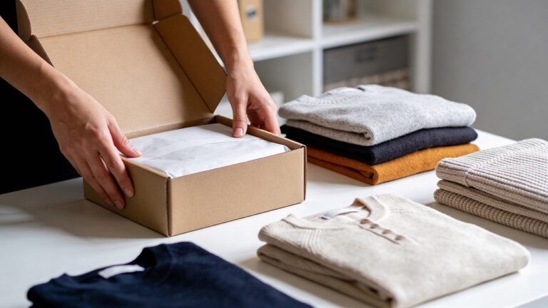 embalagem, vestuário, dobrar, caixa, mãos, em casa, comércio eletrônico, serviço de remessa, pronto para enviar, moda, toque pessoal, escritório em casa, roupa casual, estilo de escritório, materiais de alta qualidade, atendimento ao cliente, limpeza, inventário, entrega de roupas